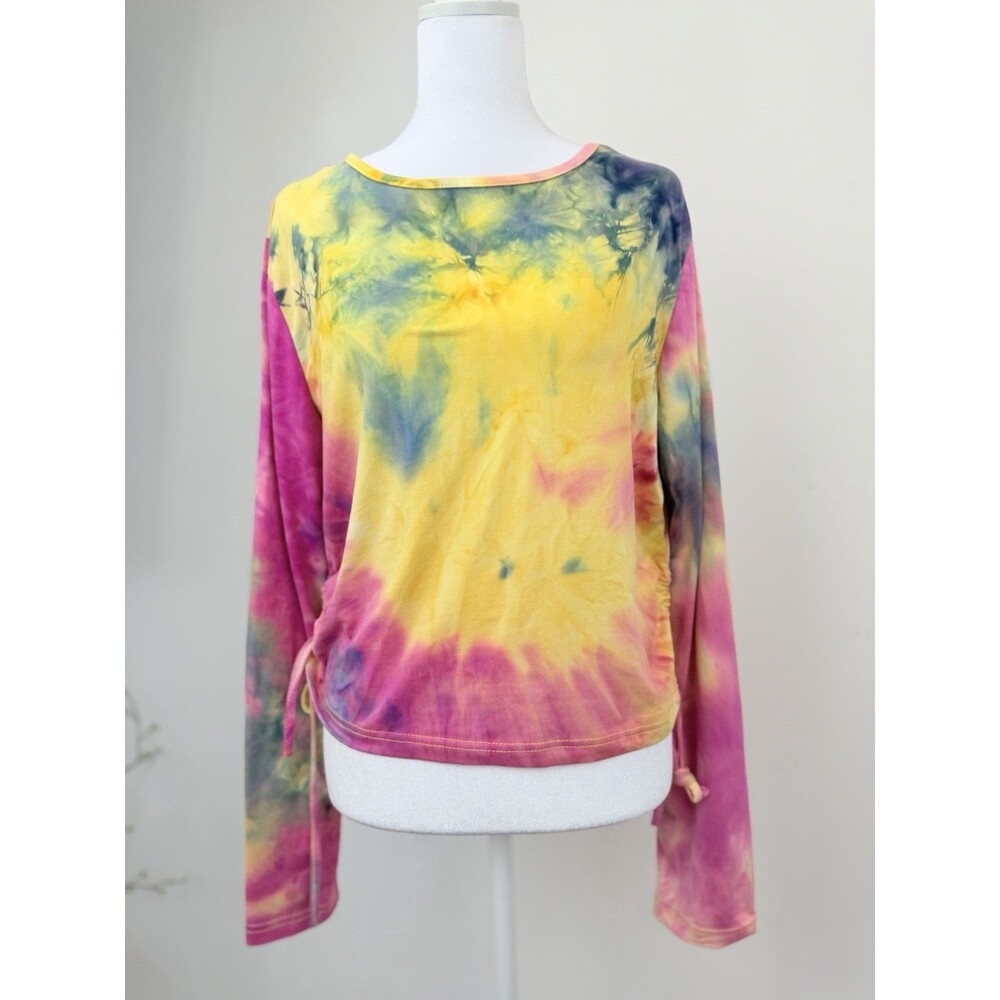 Womens 1X Tie Dye Long Sleeve Top Colorful Boho Festival Drawstring Y2K Plus